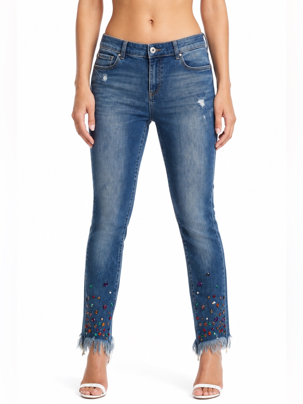 INC Rhinestone Embellished Distressed Skinny Jeans Raw Hem Size 10